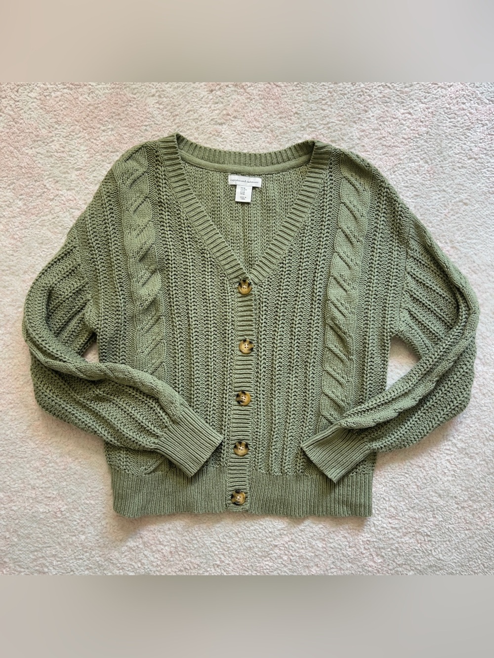 cupcakes & cashmere Olive Sage Cable Knit V-Neck Cardigan